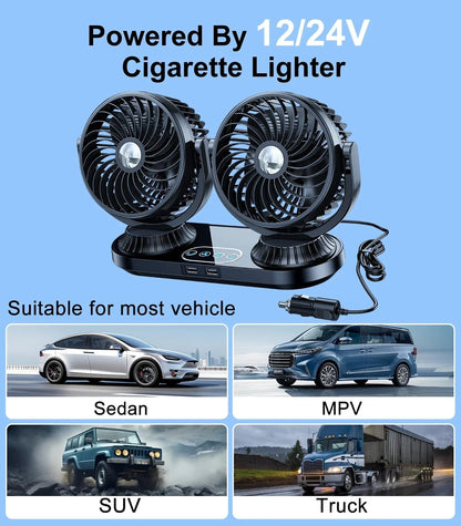 Dual Head Car Fan 12V/24V Portable Auto Cooling Fan 360°